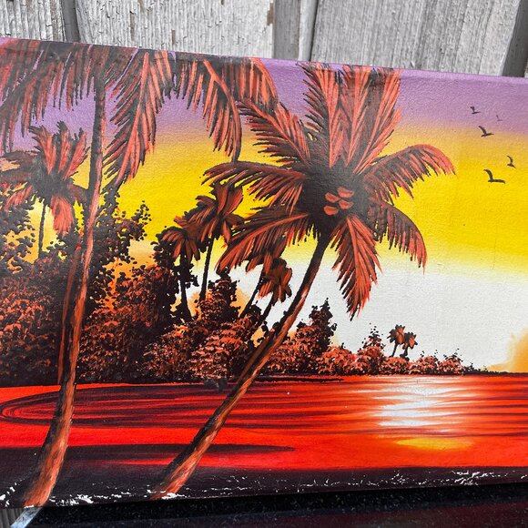 Cuba Cuban Tropical Sunset Painting Acrylic On Canvas Palm Trees Sailboats - Picture 2 of 5